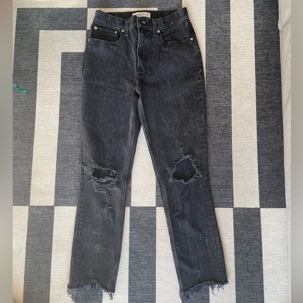 Abercrombie black distressed high rise mom Jean
